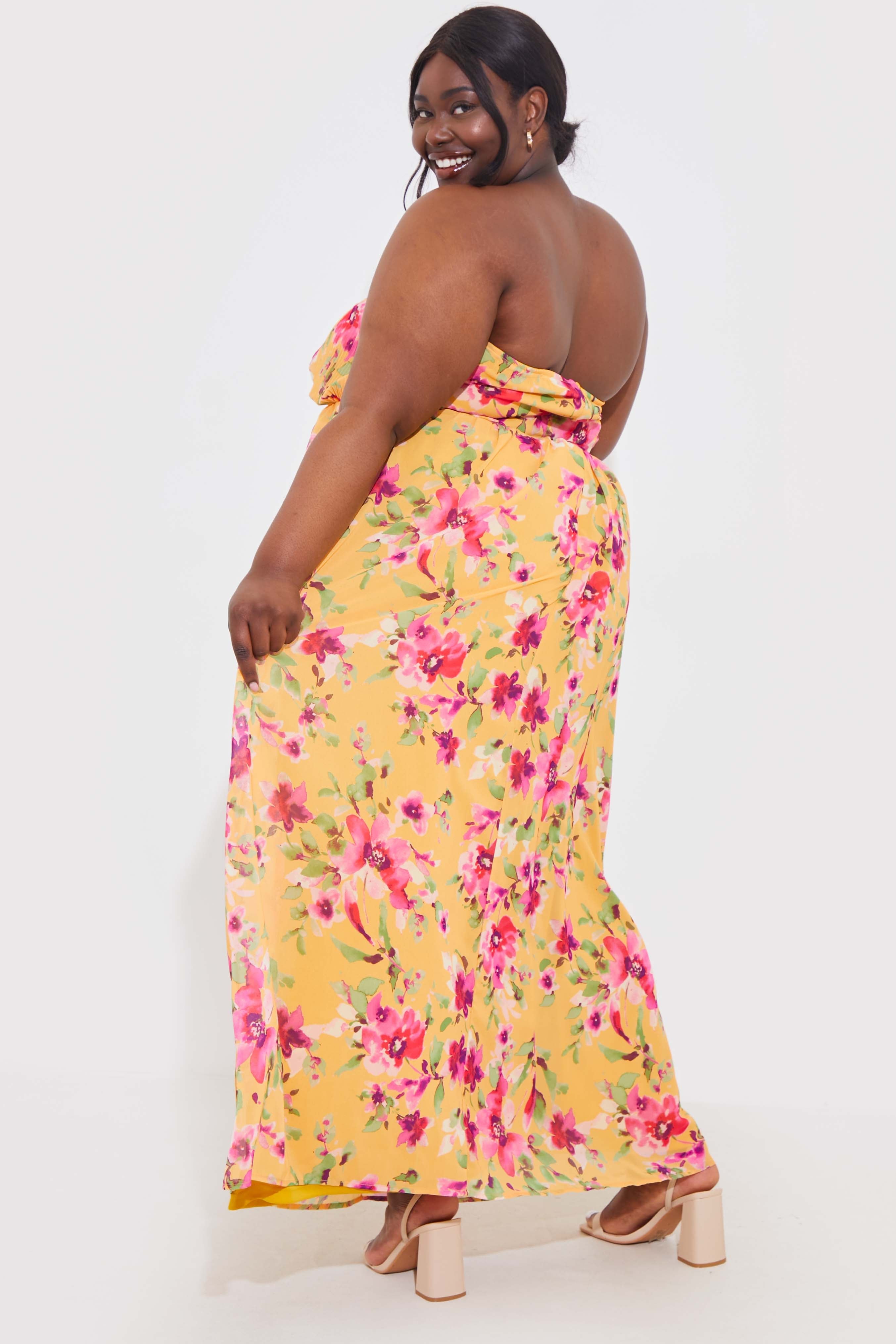 Floral Plisse Bandeau Maxi Dress With Removable Corsage