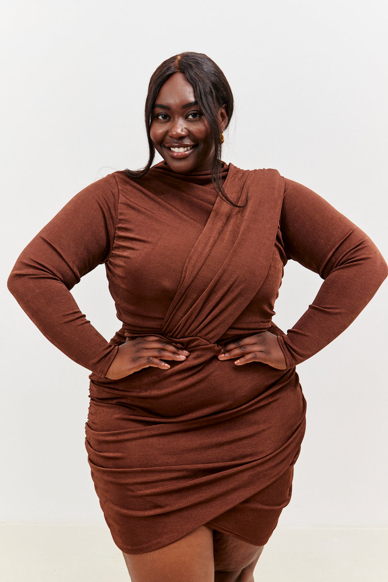 Acetate Slinky Drape Wrap Long Sleeve Mini Dress