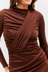 Acetate Slinky Drape Wrap Long Sleeve Mini Dress