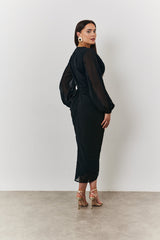 Chiffon Long Sleeve Slit Detail Midi Dress