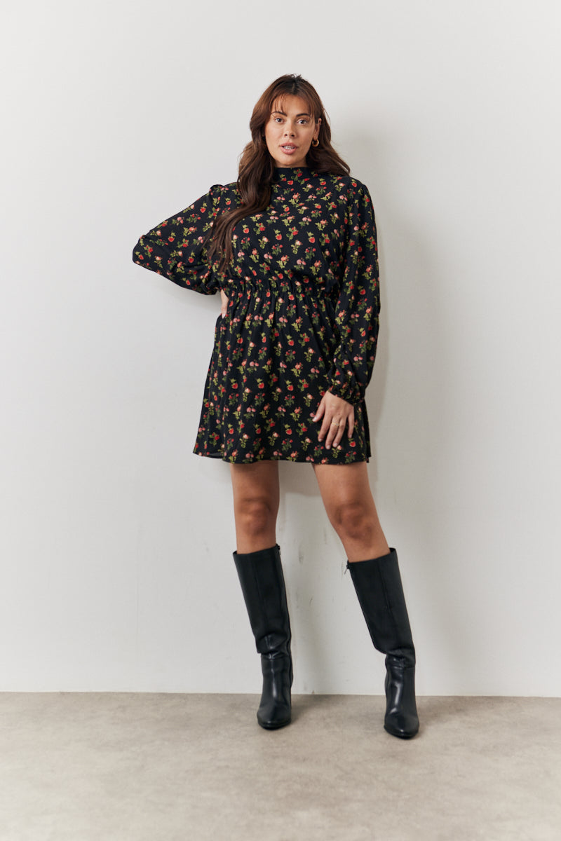 Black Rose Print High Neck Mini Dress