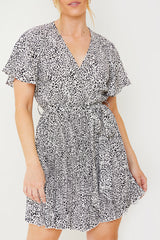 Animal Print Pleated Wrap Mini Dress