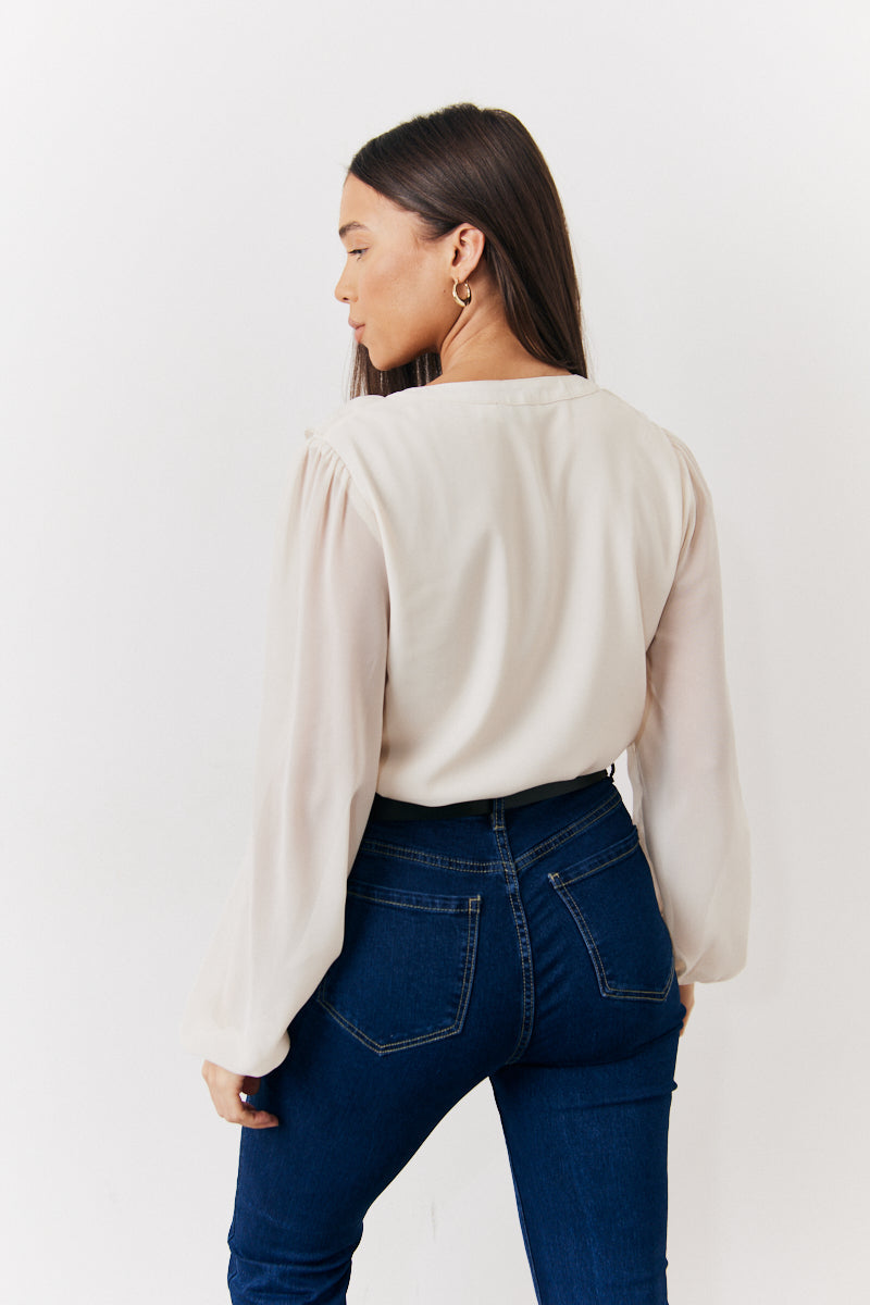 Cream Button Front Frill Bodysuit