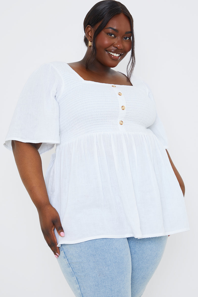 Button Front Shirred Bust Top