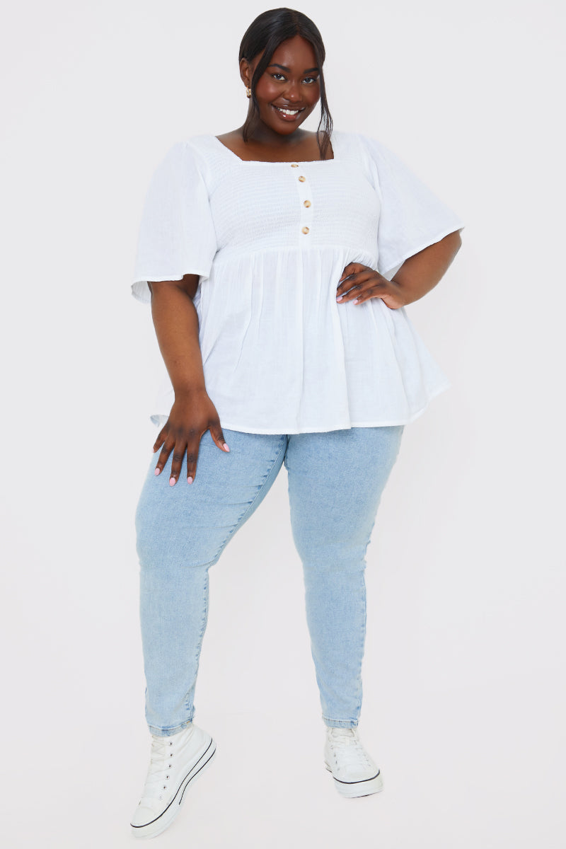 Button Front Shirred Bust Top