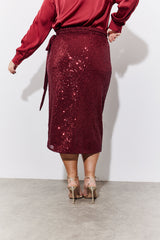 Burgundy Sequin Wrap Midi Skirt