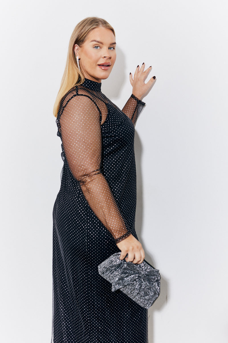 Black Mesh Metallic Detail Maxi Dress with Removable Jersey Slip Dress