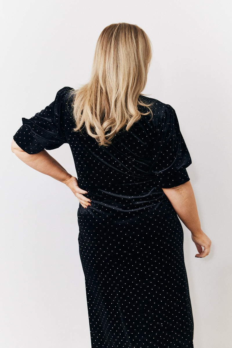 Black Puff Sleeve Studded Velour Midi Dress