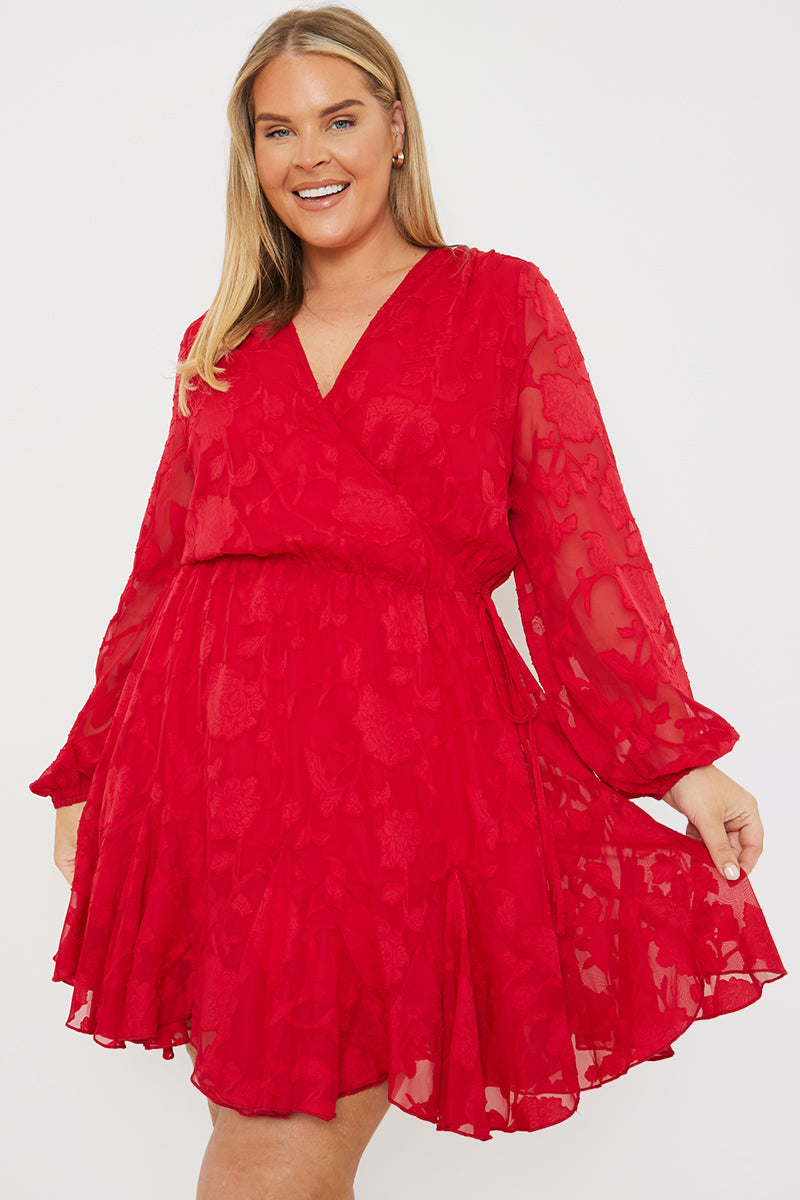 Floral Jacquard Chiffon Wrap Detail Mini Dress