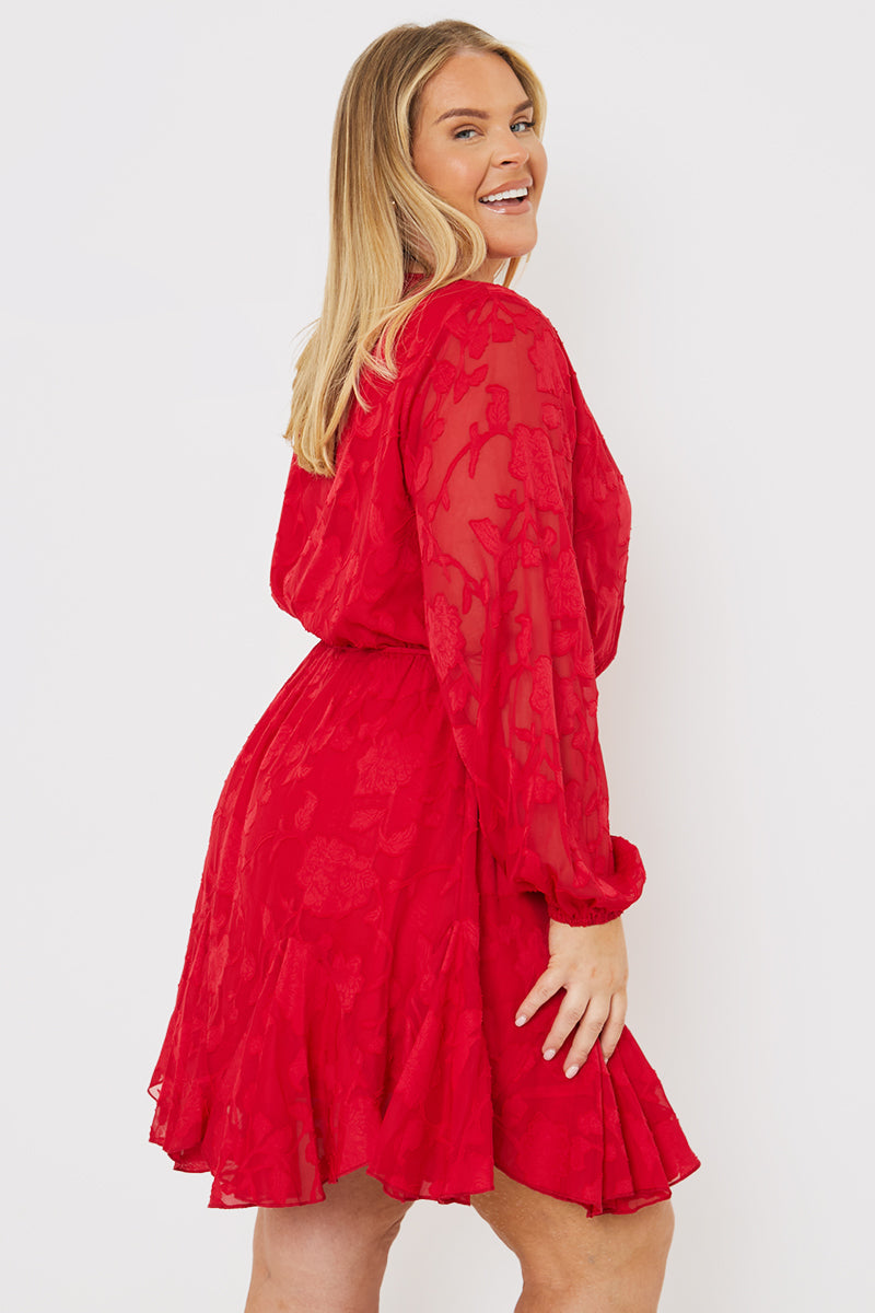 Floral Jacquard Chiffon Wrap Detail Mini Dress