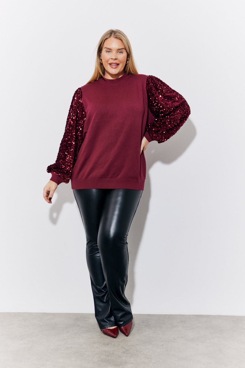 Burgundy Sequin Balloon Sleeve Knitted Jumper