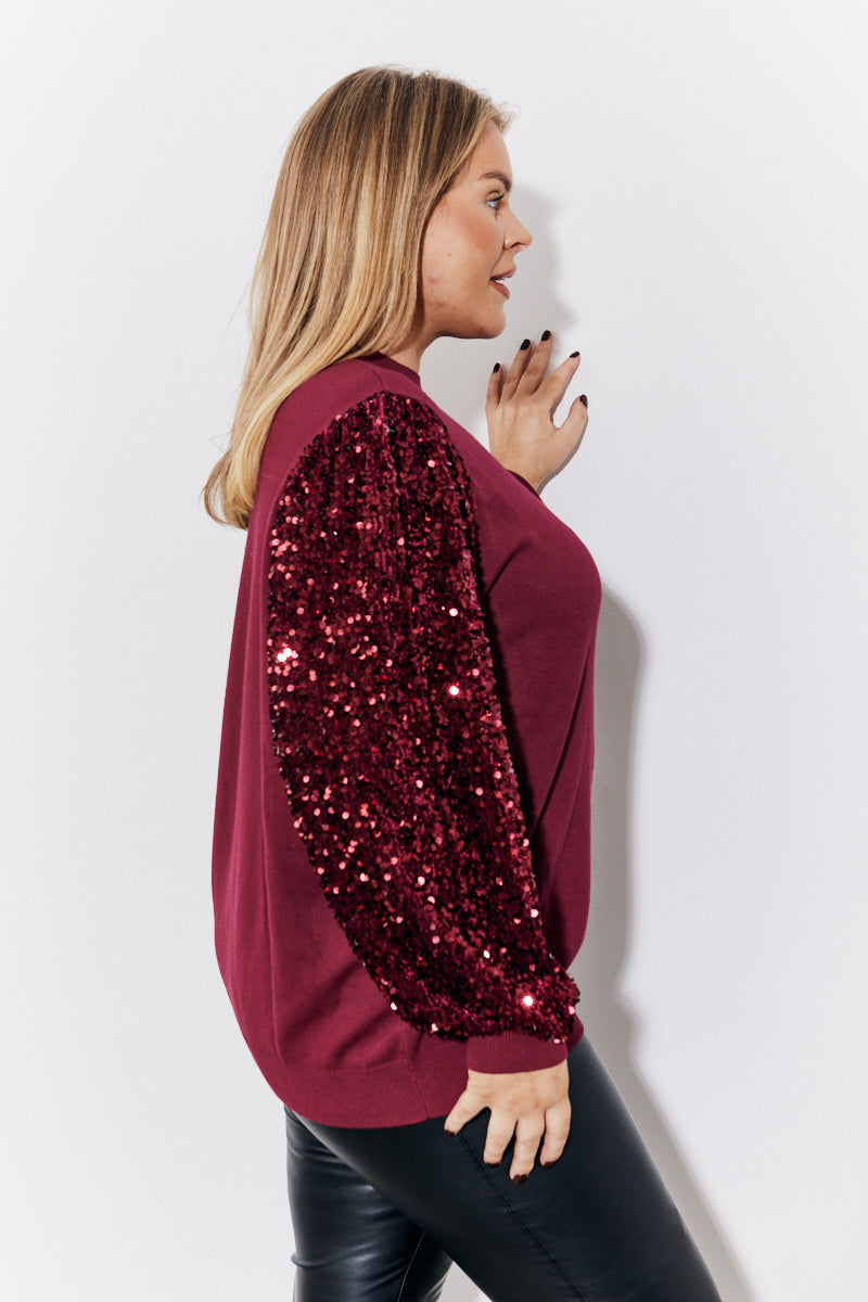 Burgundy Sequin Balloon Sleeve Knitted Jumper