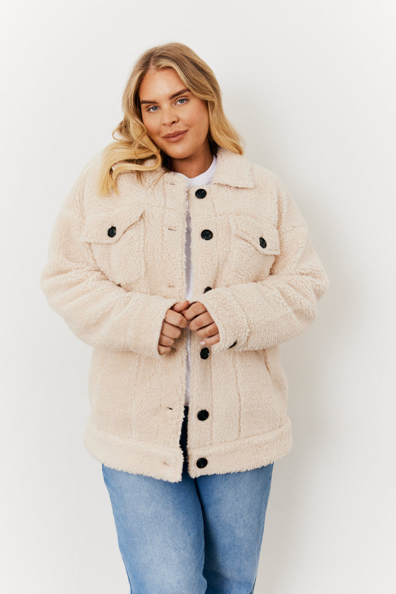 Borg Button Through Jacket with Pockets