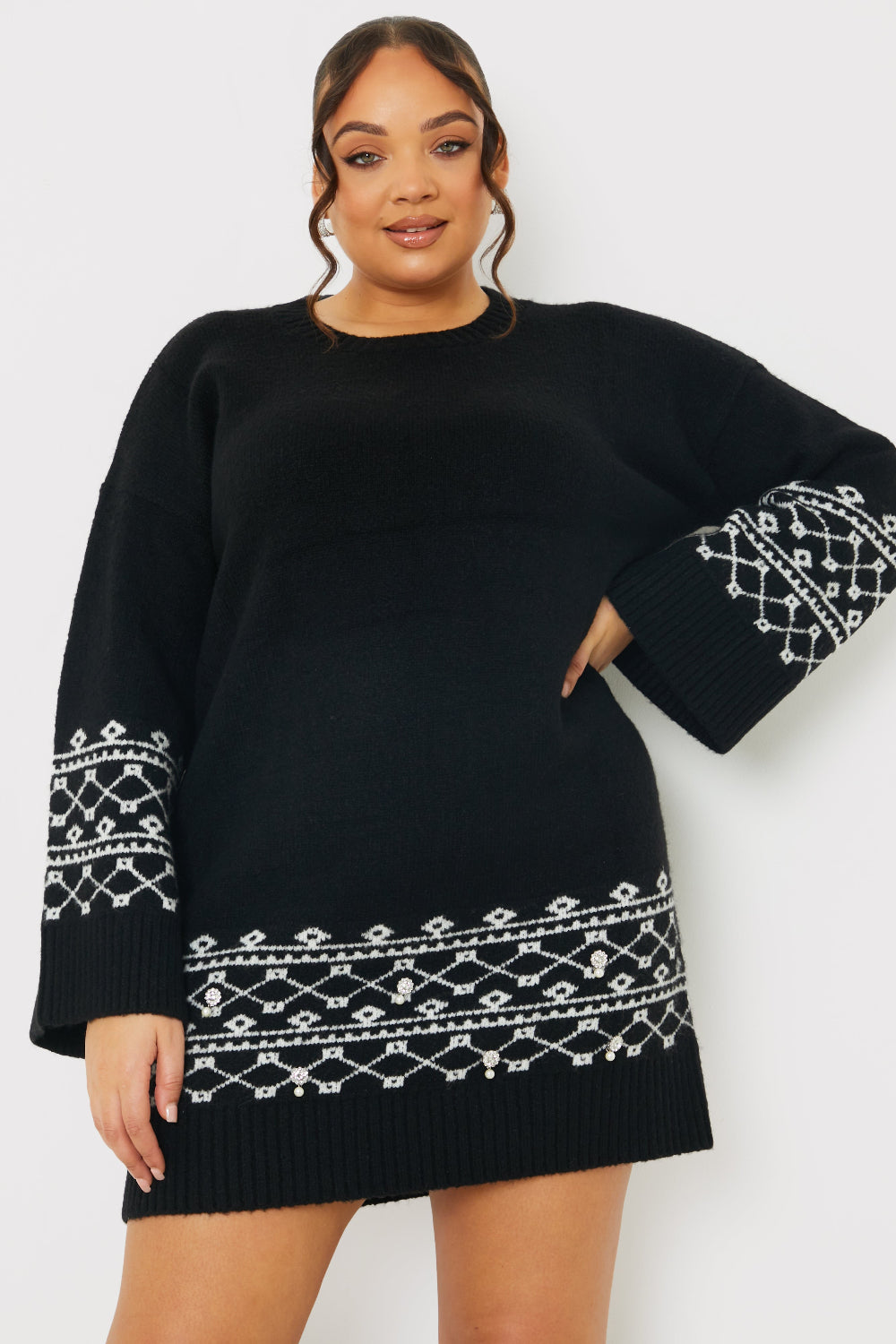 Fairisle Sleeve Detail Knit Mini Dress