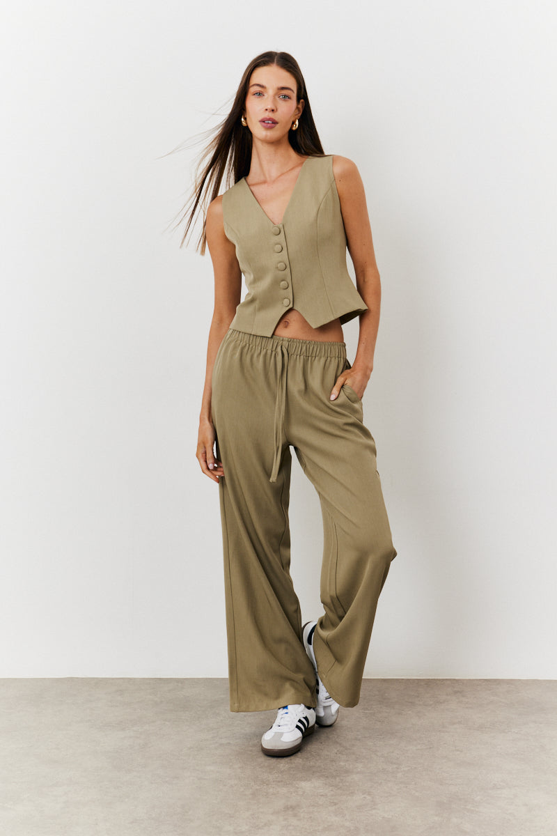 Elasticated Mid Rise Wide Leg Trouser