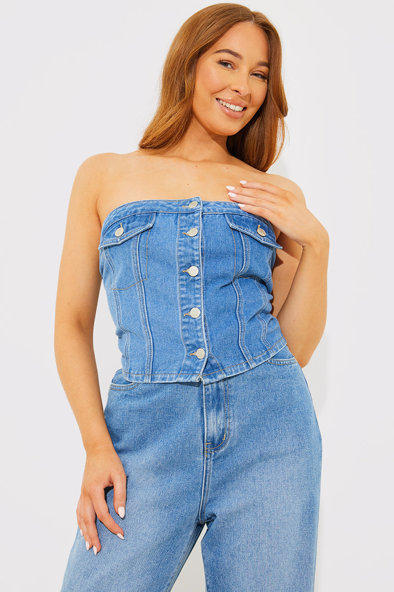 Denim Button Through Bandeau Top