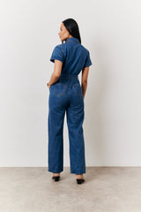 Blue Short Sleeve Denim Jumpsuit
