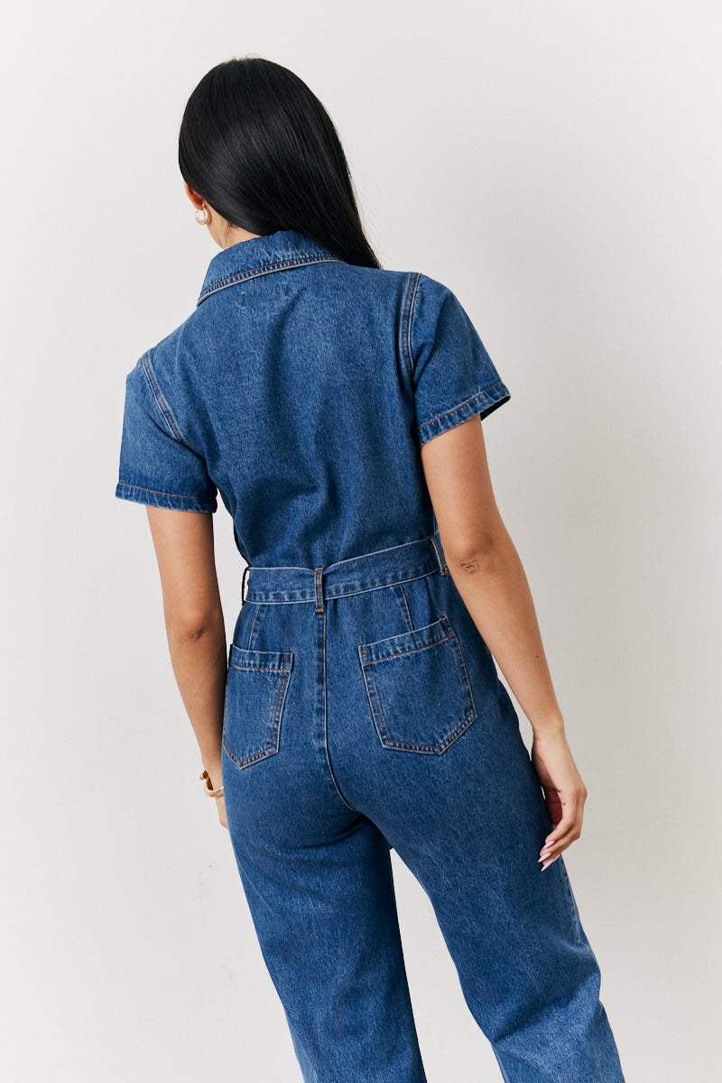 Blue Short Sleeve Denim Jumpsuit