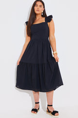 Dobby Frill Strap Tie Back Detail Tiered Midi Dress