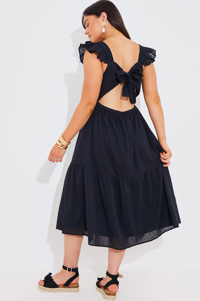 Dobby Frill Strap Tie Back Detail Tiered Midi Dress