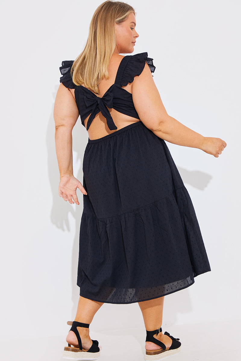 Dobby Frill Strap Tie Back Detail Tiered Midi Dress