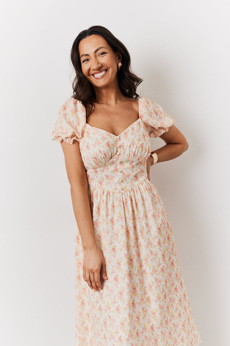 Cream Floral Print Puff Sleeve Milkmaid Midi Dress