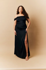 Black Satin Bardot Ruched Maxi Dress