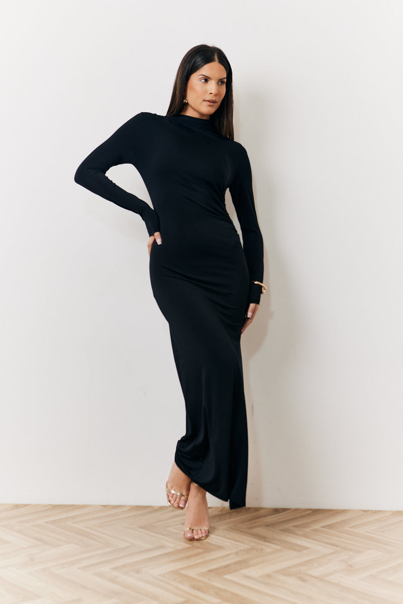 Draped High Neck Dress Black