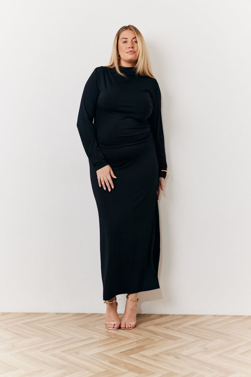 Draped High Neck Dress Black
