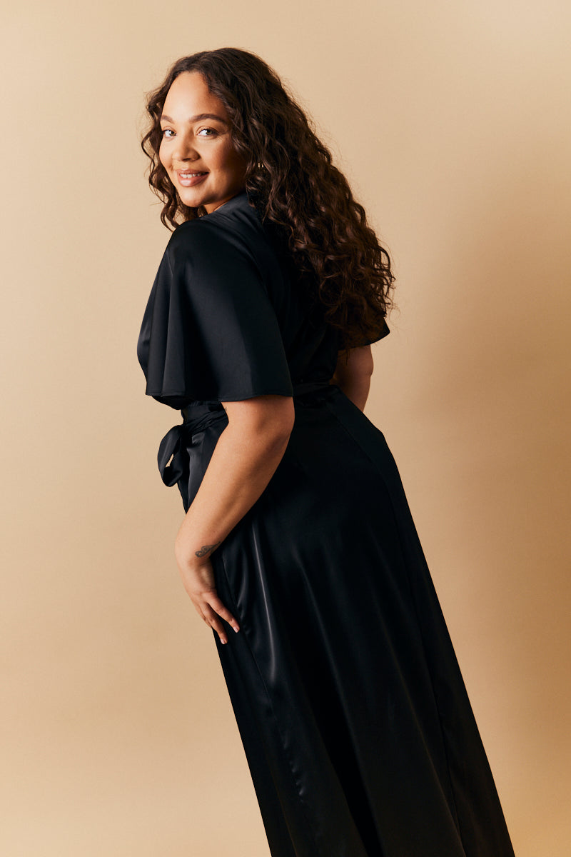 Black Satin Wrap Tie Angel Sleeve Maxi Dress