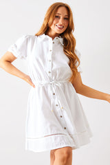 Crochet Insert Linen Look Button Through Mini Dress