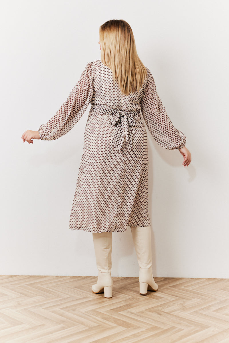 Cream Geometric Print Chiffon Balloon Sleeve Wrap Midi Dress