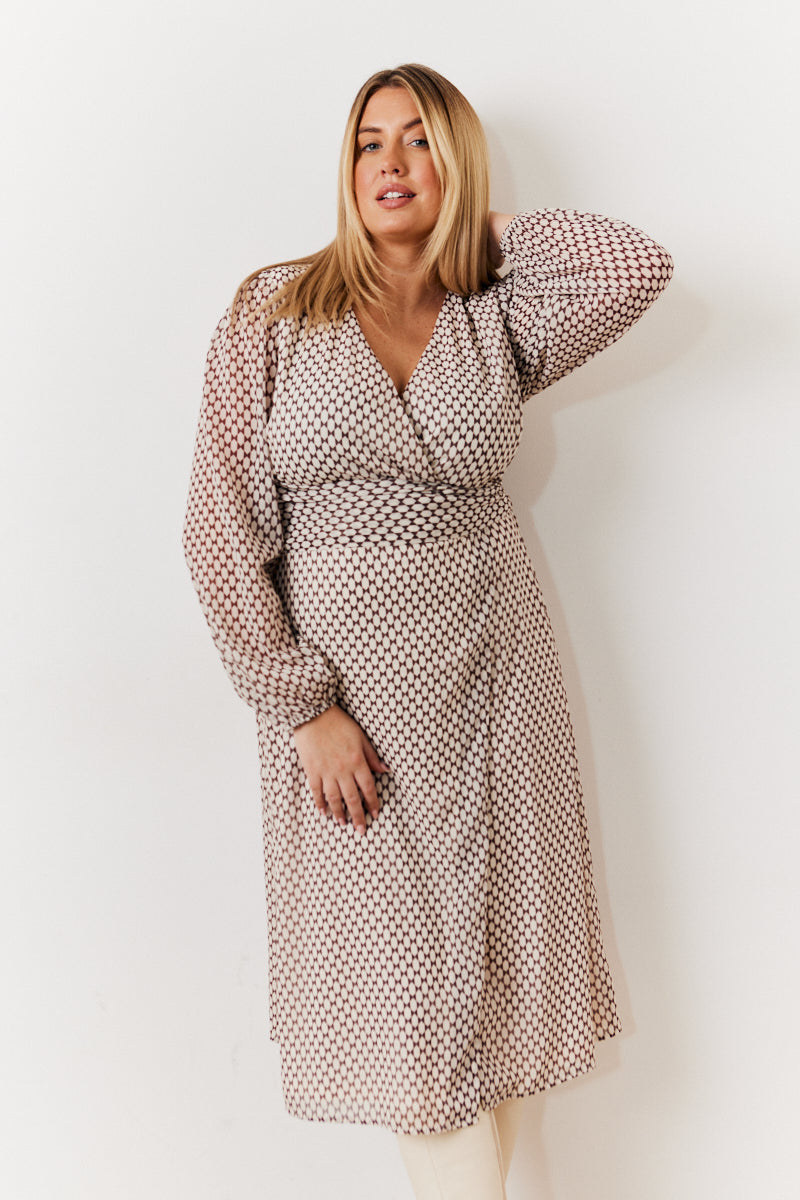Cream Geometric Print Chiffon Balloon Sleeve Wrap Midi Dress