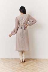 Cream Geometric Print Chiffon Balloon Sleeve Wrap Midi Dress