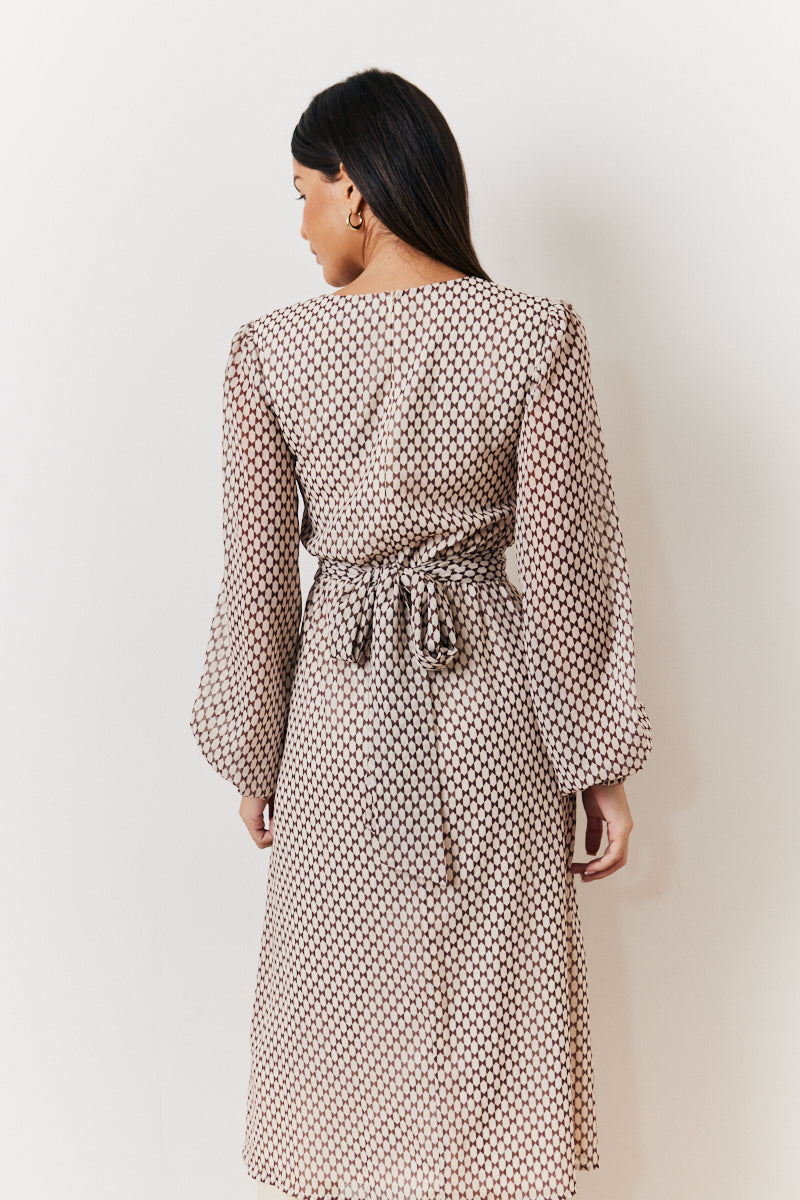 Cream Geometric Print Chiffon Balloon Sleeve Wrap Midi Dress