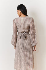 Cream Geometric Print Chiffon Balloon Sleeve Wrap Midi Dress
