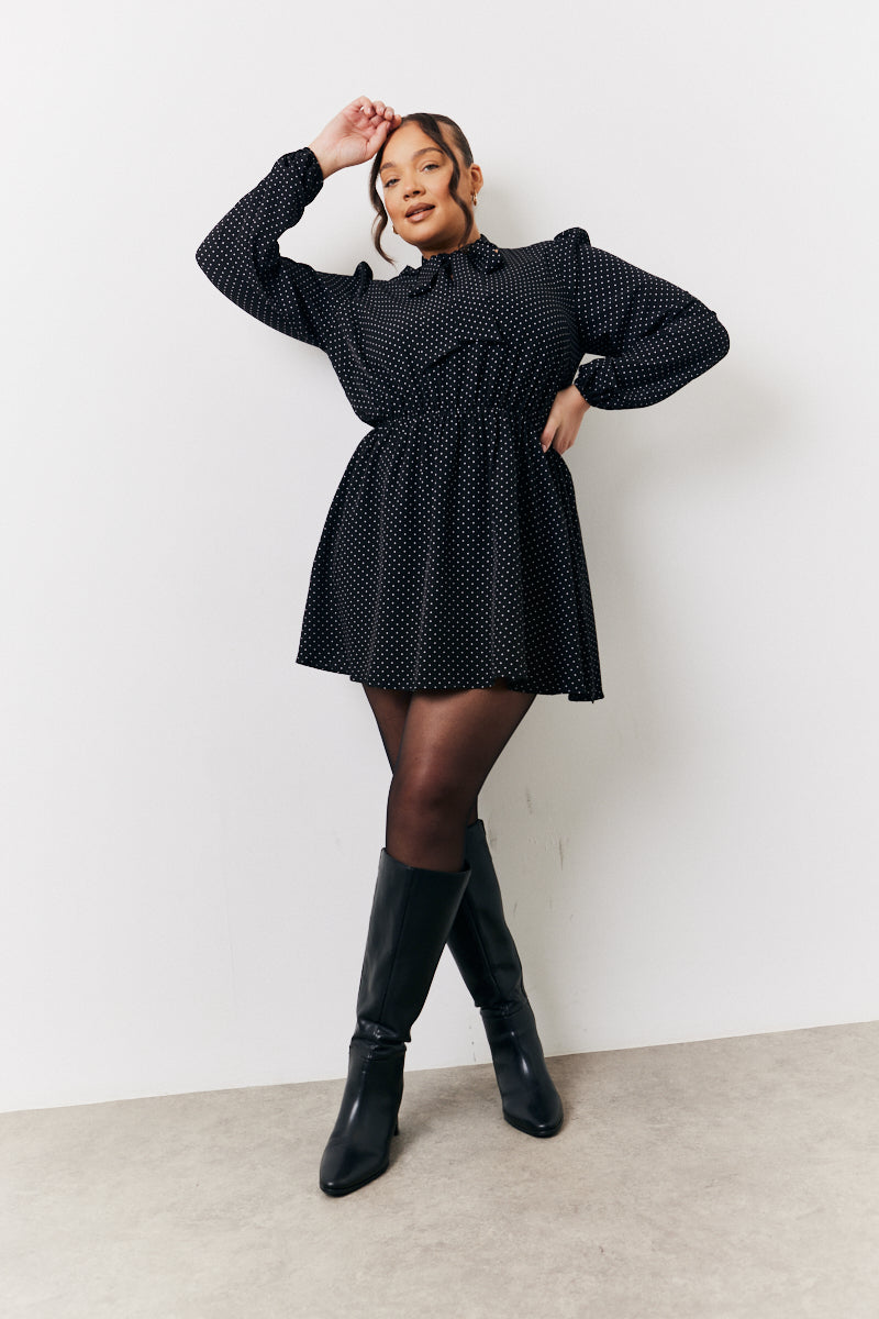 Black and White Polka Dot Mini Dress with Tie Neck
