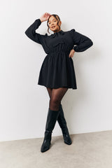 Black and White Polka Dot Mini Dress with Tie Neck