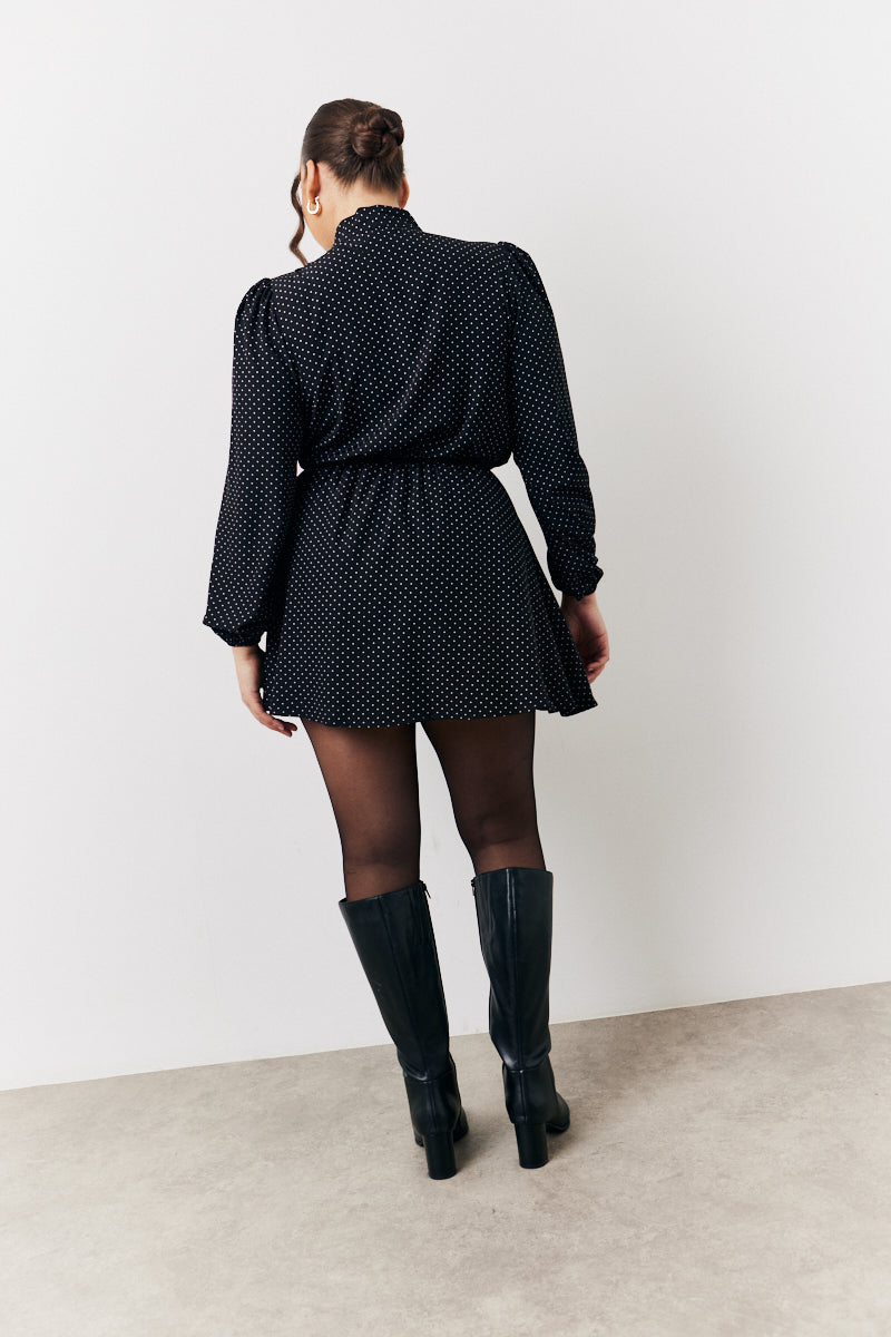 Black and White Polka Dot Mini Dress with Tie Neck