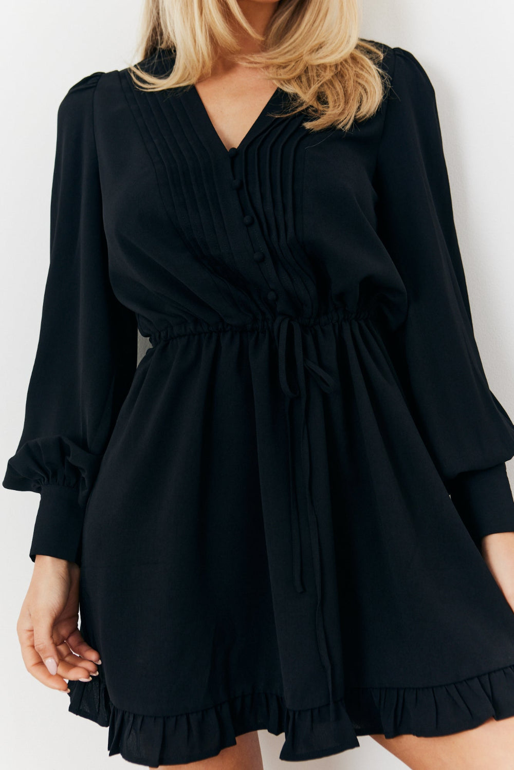Balloon Sleeve Pintuck Tie Waist Detail Mini Dress