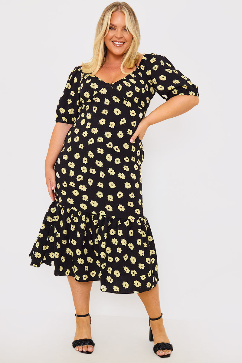 Floral Plunge Short Sleeve Midi Dress