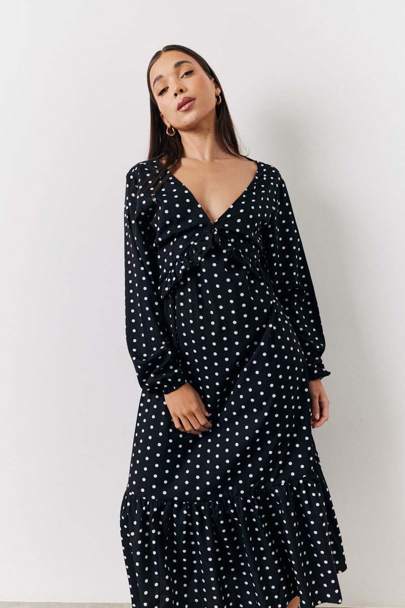 Black and White Polka Dot Frill Detail Midaxi Dress
