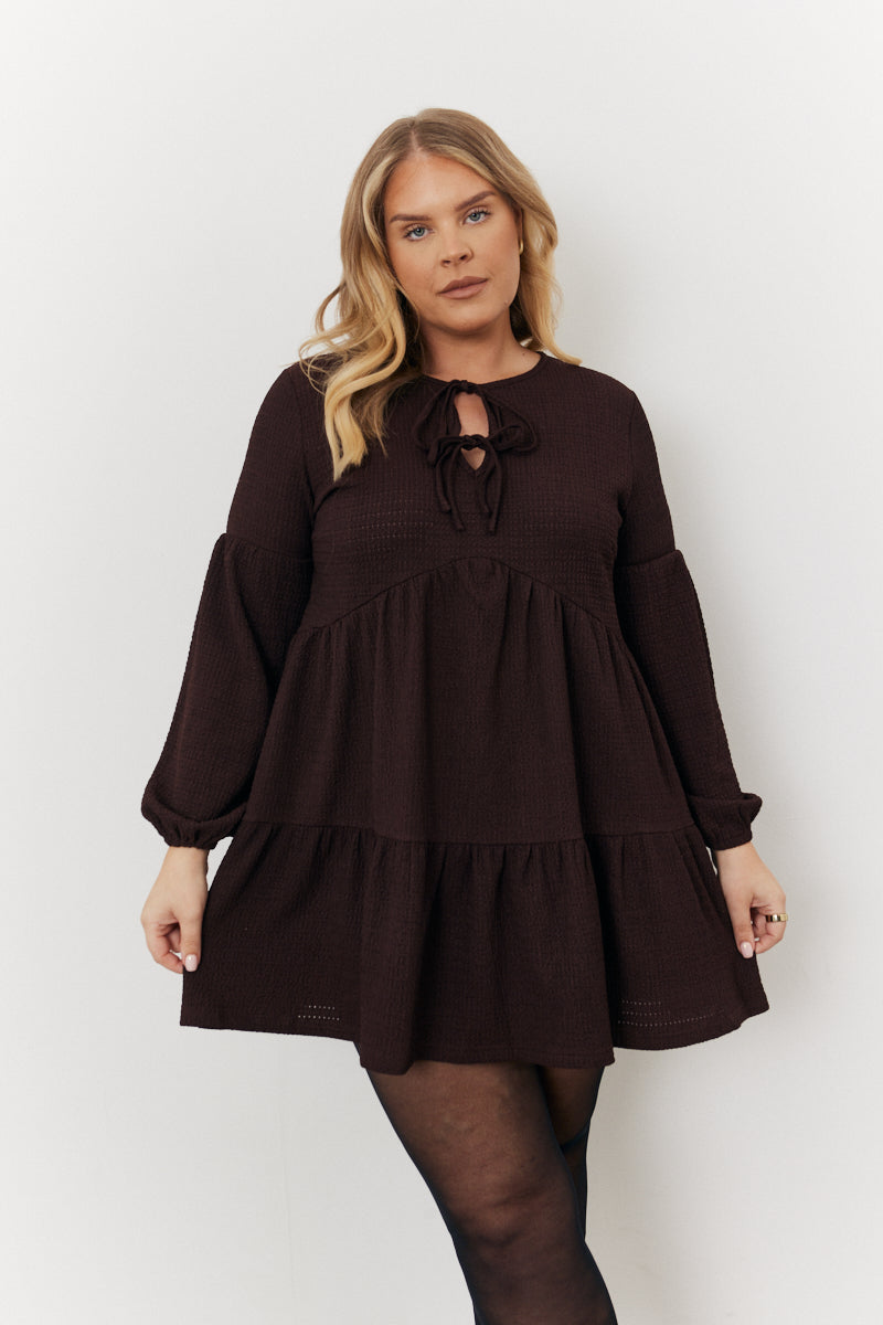 Brown Textured Tie Front Detail Smock Dress