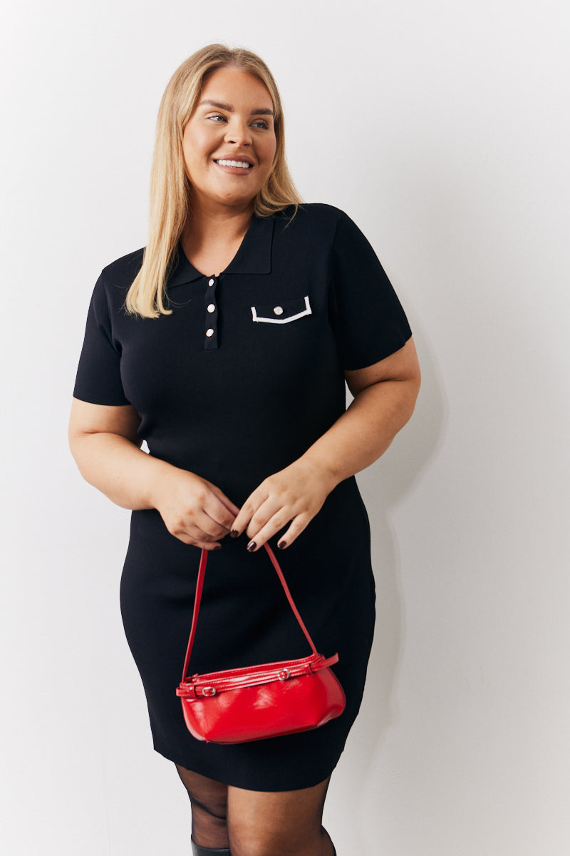 Contrast Piping Pocket Detail Mini Knit Dress