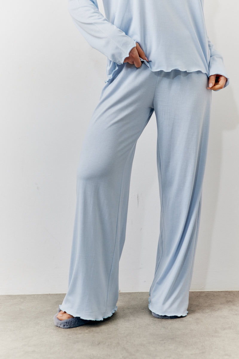Blue Lettuce Hem Slogan Long Sleeve Top and Trouser PJ Set