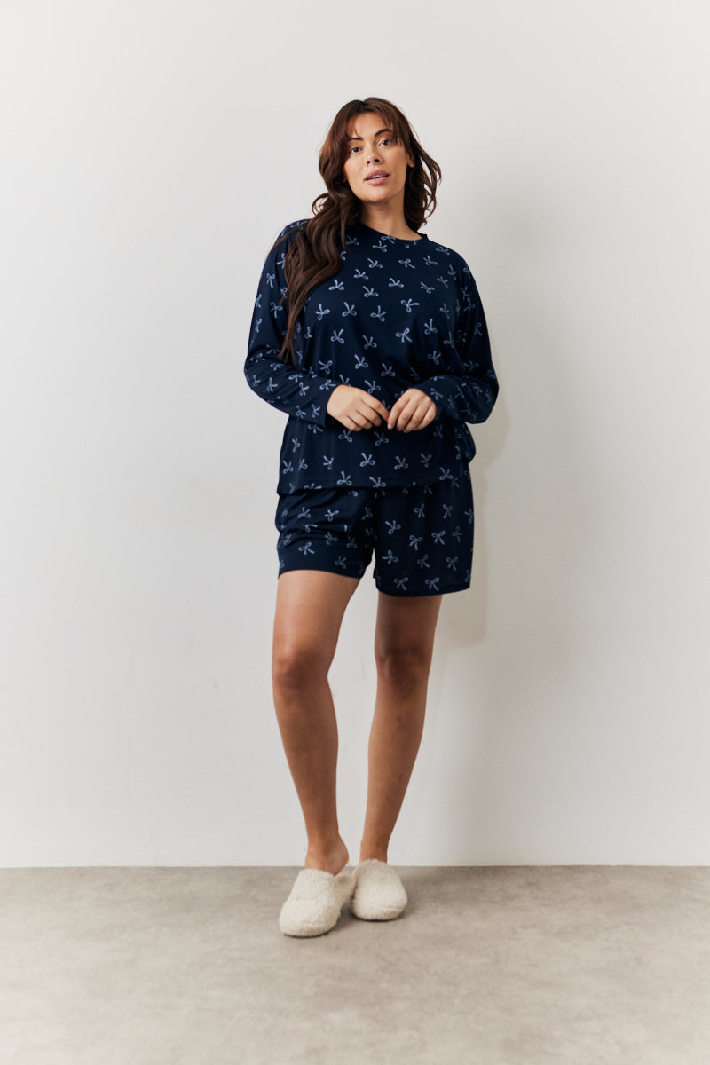 Bow Print Long Sleeve and Short PJ Set