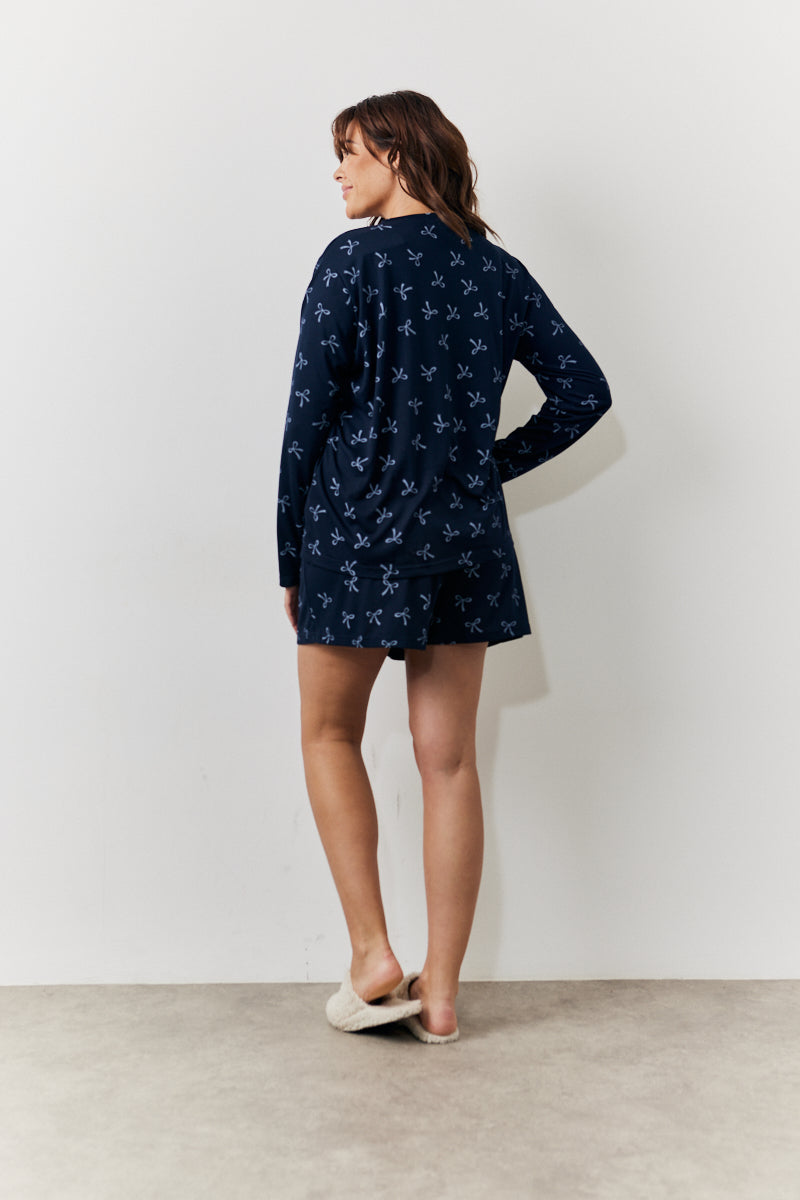 Bow Print Long Sleeve and Short PJ Set