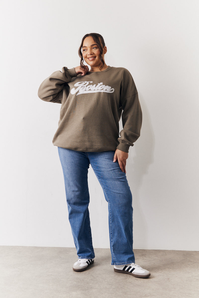 Embroidered Boston Slogan Crew Neck Sweater