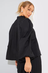 Cotton Puff Sleeve Tie Front Blouse