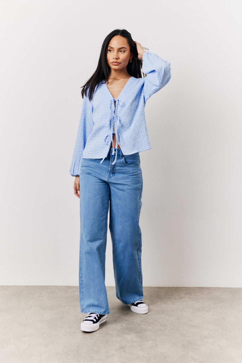 Blue Gingham Seersucker Tie Front Blouse